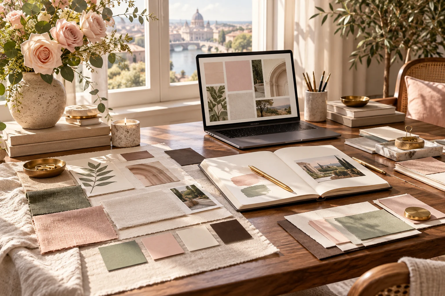 An elegant creative desk with blush and sage palette swatches, a laptop, notebook, gold pen and fresh roses.