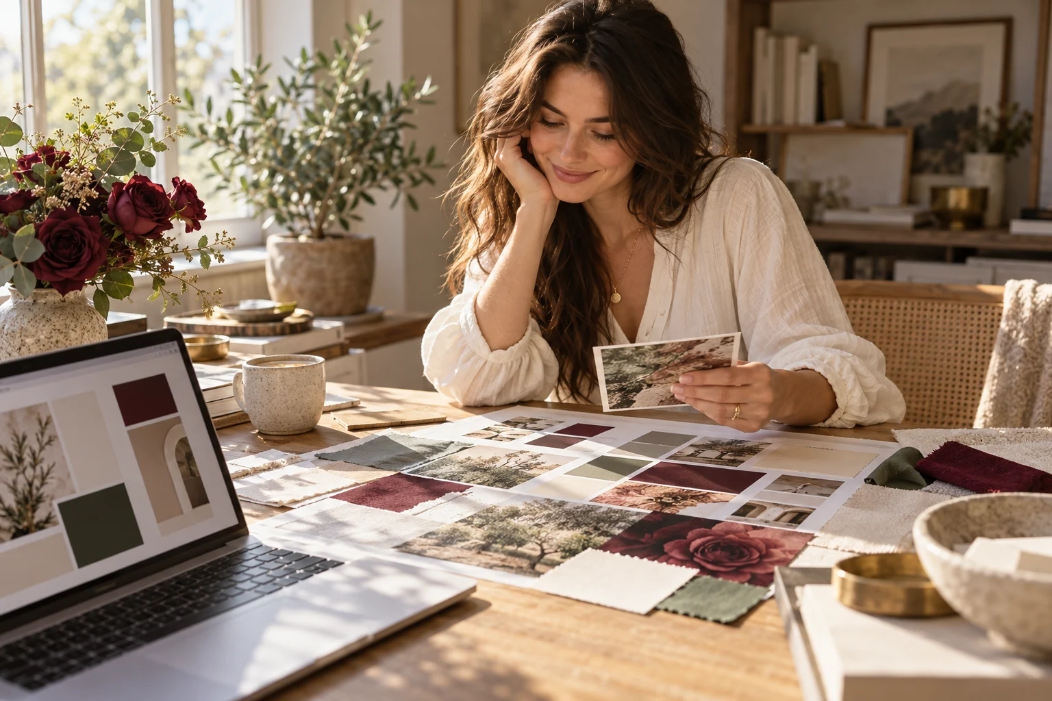 A creative entrepreneur reviewing her brand mood board in a warm, light-filled studio.