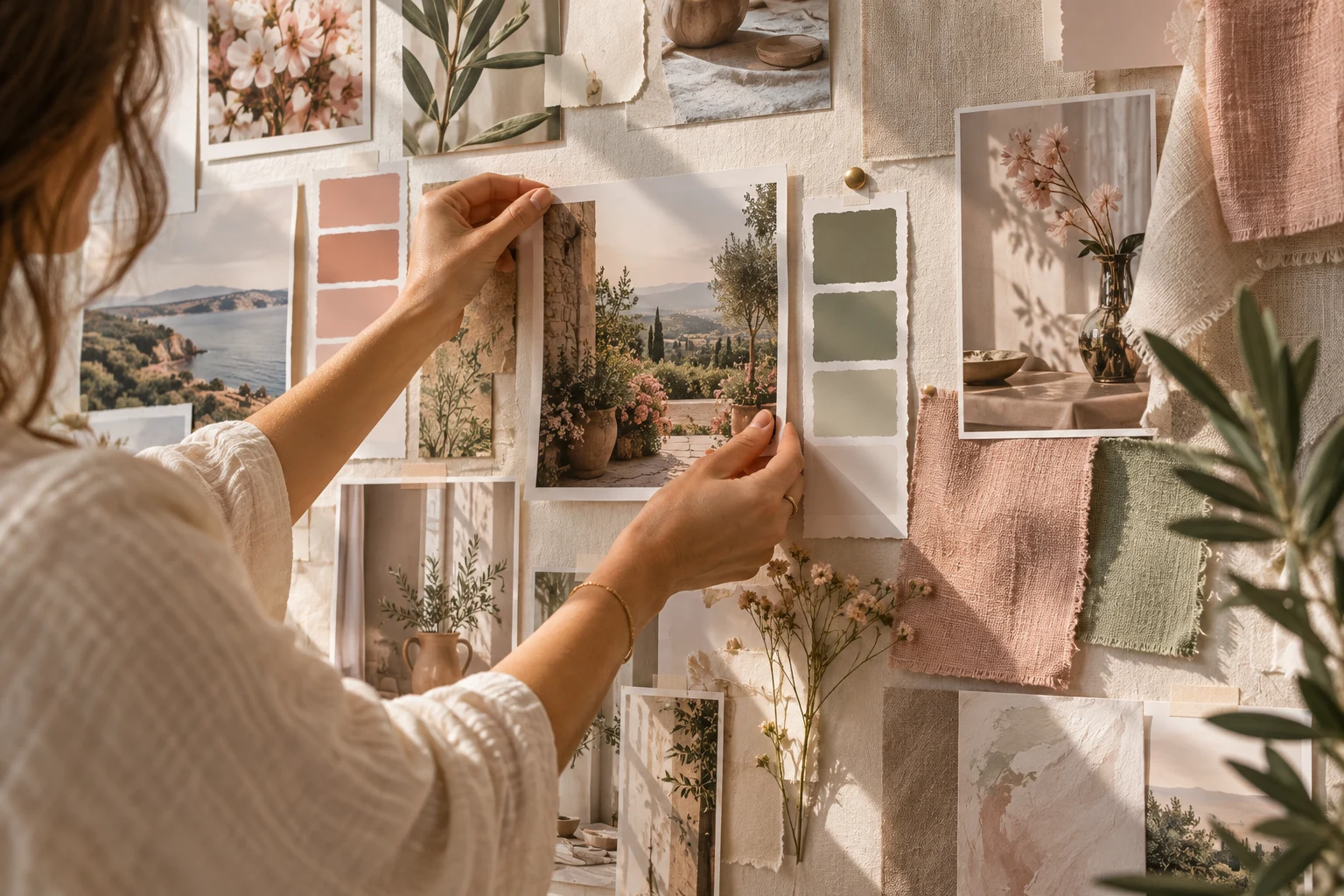 A creative arranging photographs and palette cards on a studio inspiration wall.