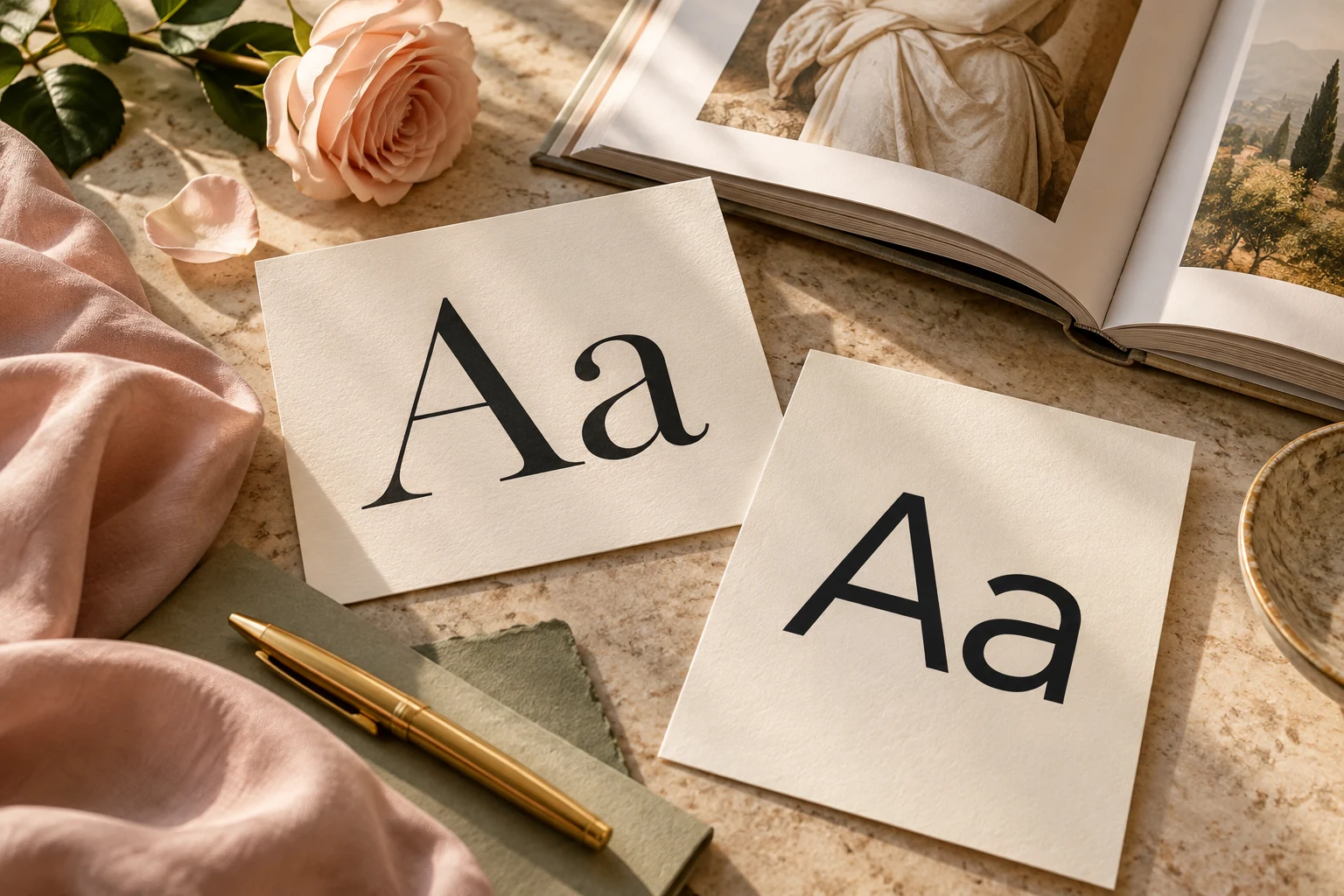 Elegant serif and clean sans serif letterforms styled on ivory paper with blush silk.