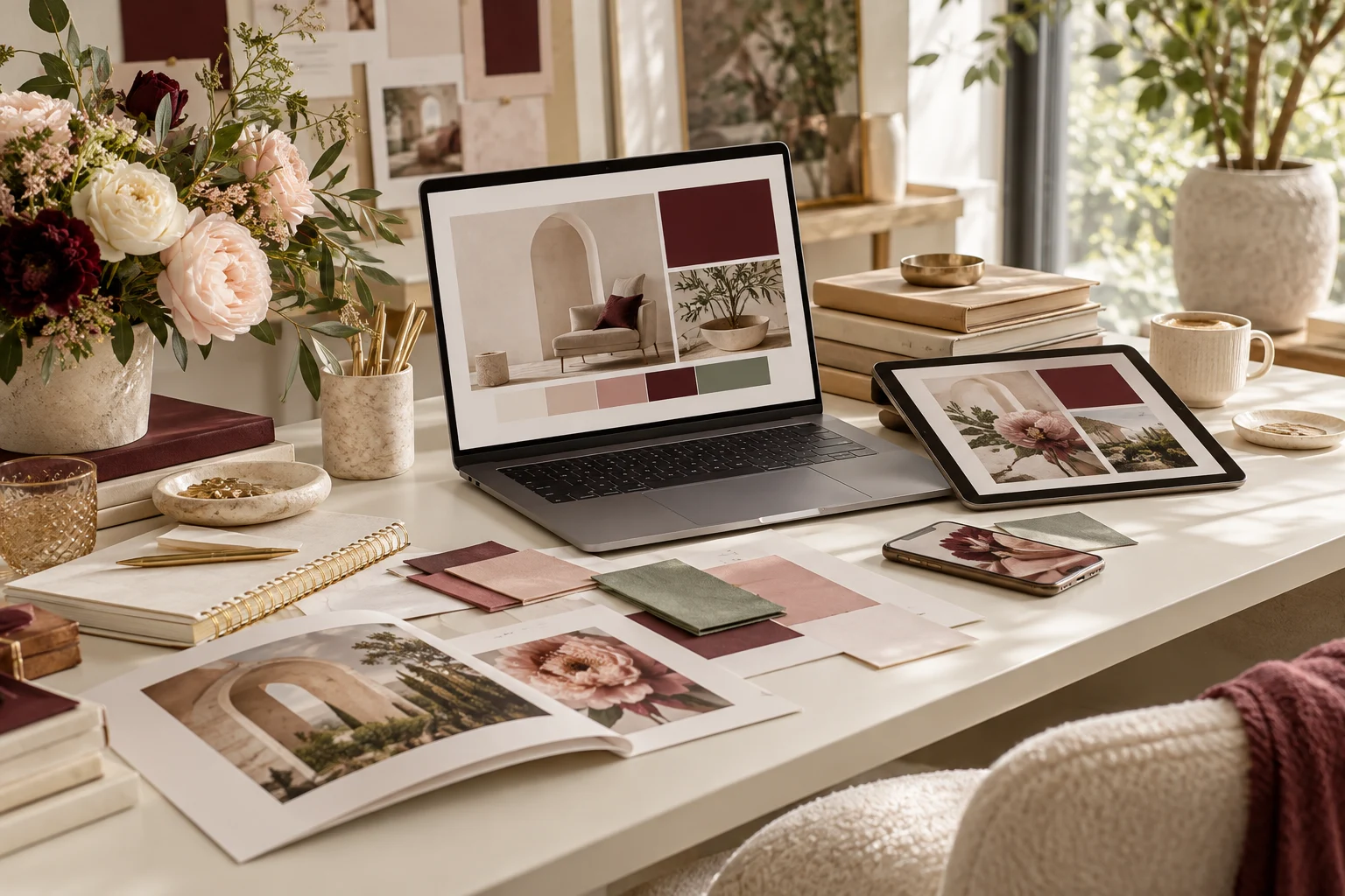 A coordinated personal brand workspace with a laptop, tablet, phone, printed guides, flowers and rose and sage palette cards.