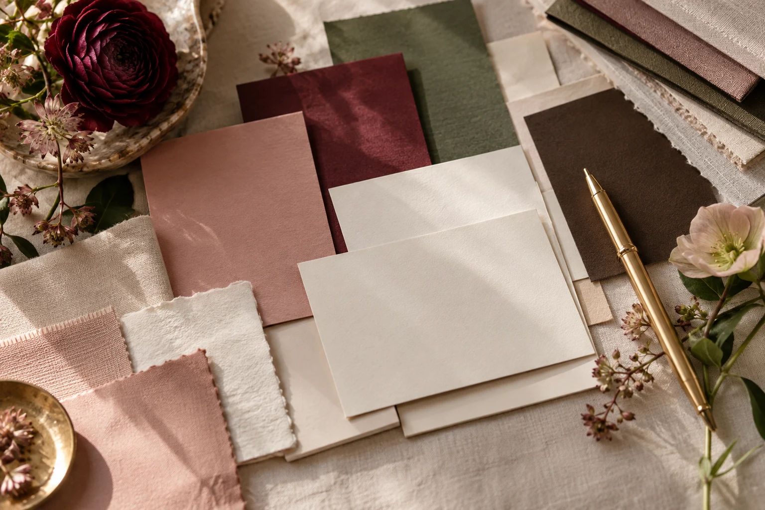 Tactile dusty rose, sage, warm cream and espresso paper swatches with a gold pen.