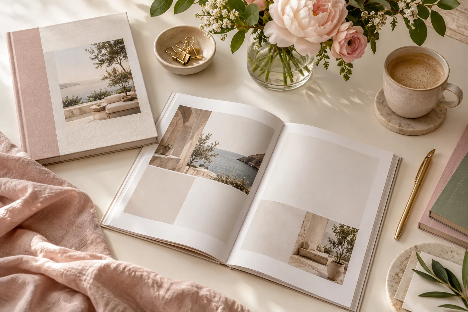 Coordinated media guide and workbook pages with sage stationery, blush linen and flowers.