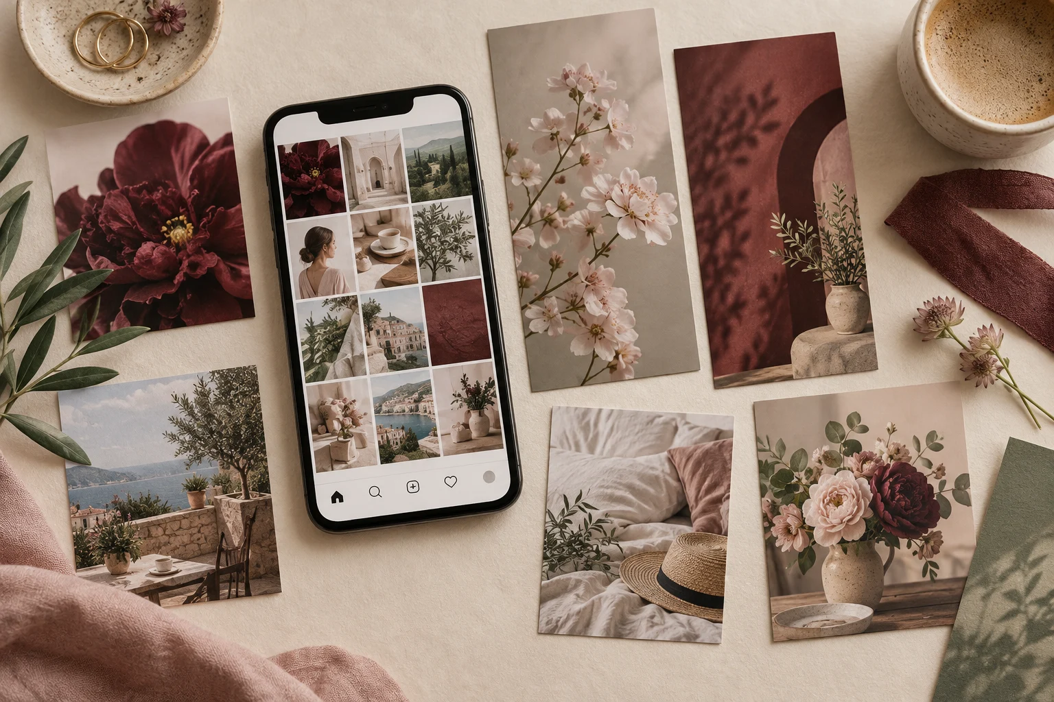 Coordinated social graphics and a smartphone showing a cohesive visual style.
