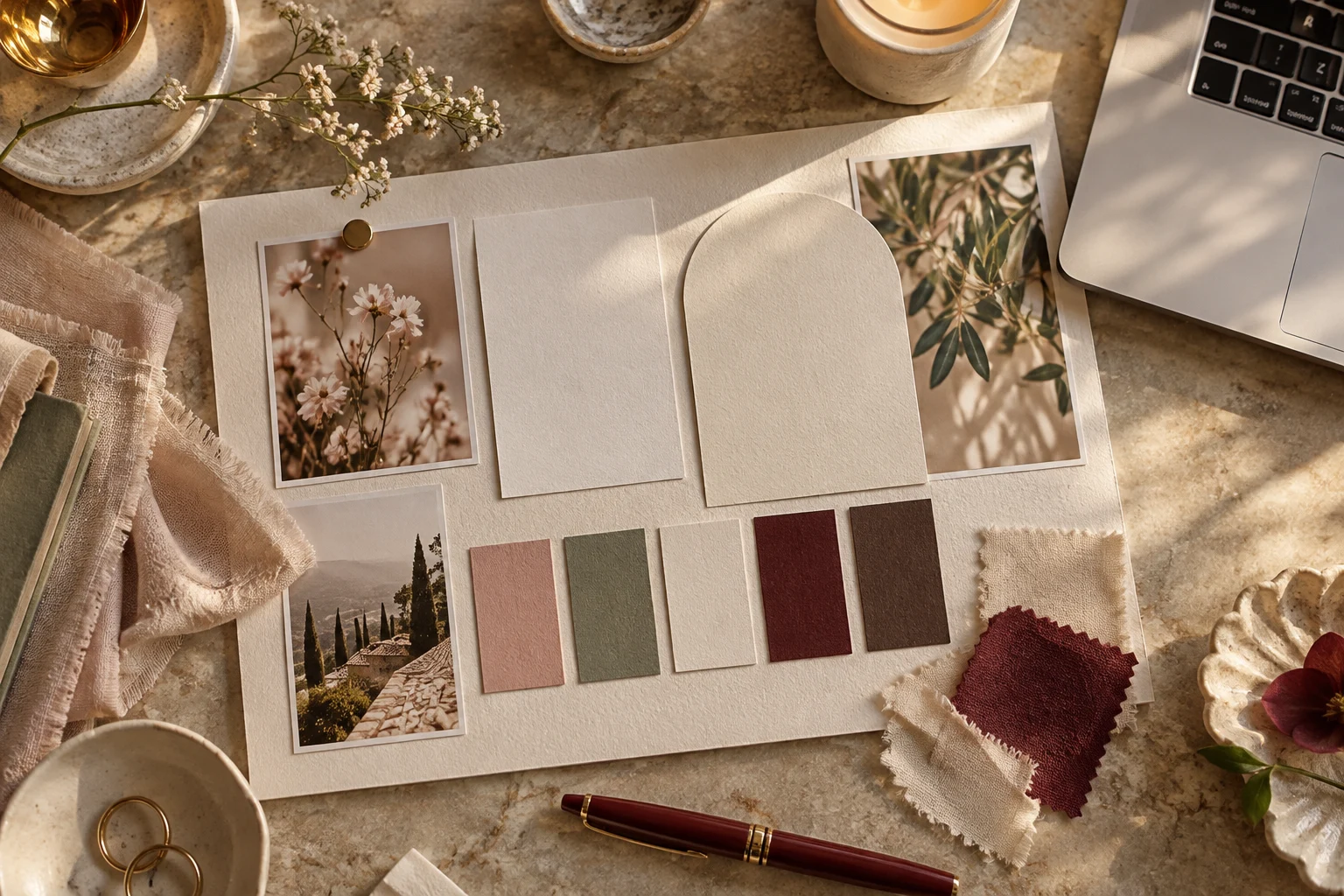 A cohesive brand planning board with palette swatches, photographs and paper textures.
