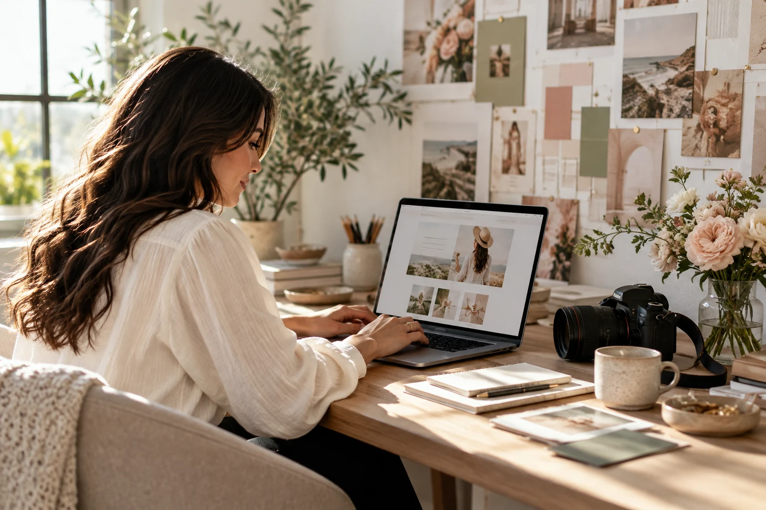A creator bringing her visual identity into her website at a sunlit studio desk.