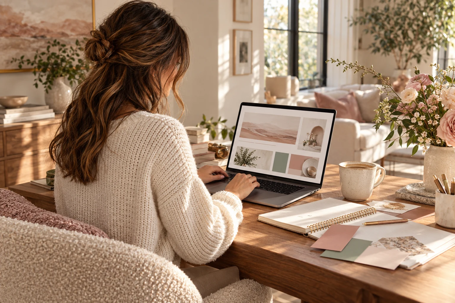 A woman planning her personal brand at a sunlit desk with a laptop, notebook, flowers, and rose and sage palette cards.