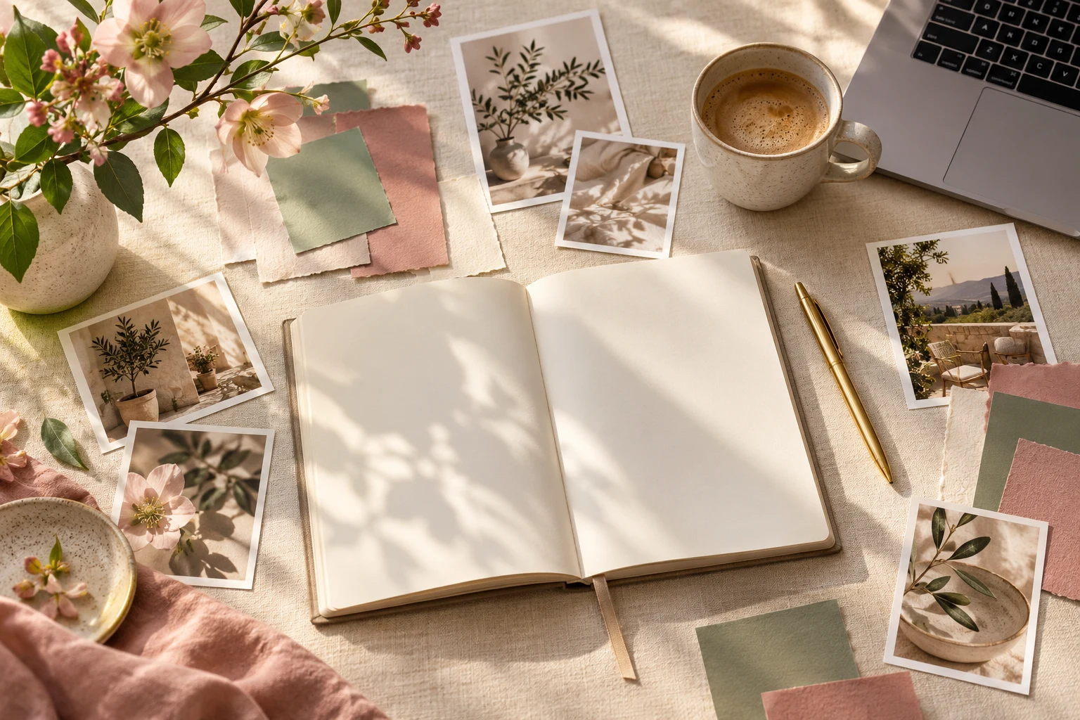 An open notebook with blush and sage palette cards, flowers and photographs for brand planning.